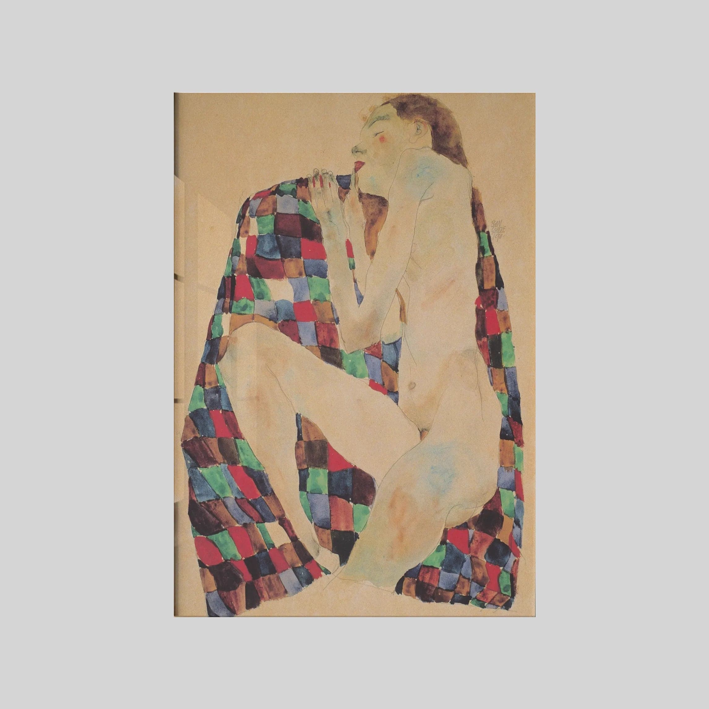 Weiblicher Akt auf kariertem Tuchl (1911)